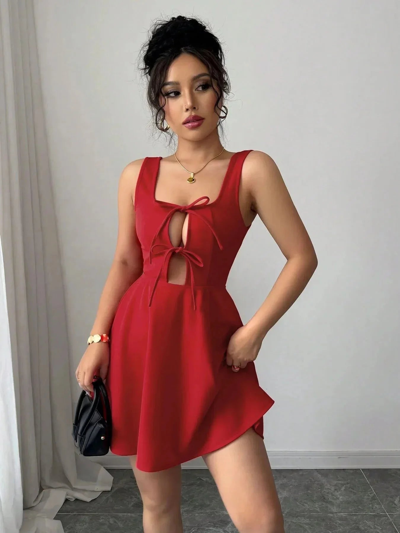 Tie Front Wide Strap Dress - VILLA FASHION